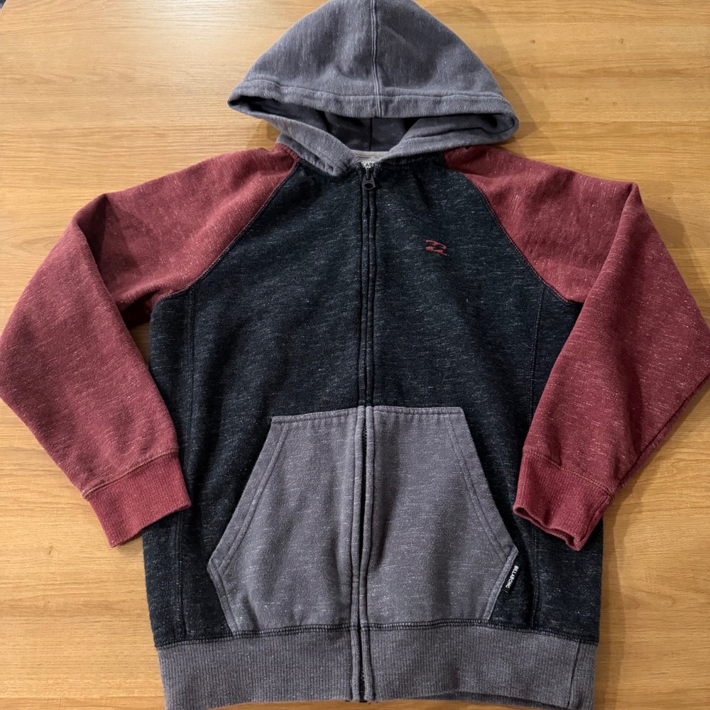 Billabong Boys Large Full Zip Hoodie Colorblock Burgundy Charcoal Grey Fleece